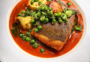 Pan Seared Trout Lobster Agnolotti Broad Bean Pea Salsa Lobster Bisque